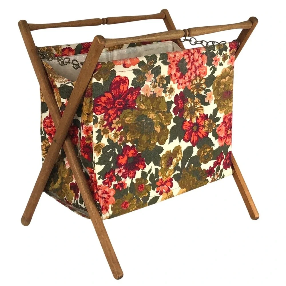 VTG Floral Tapestry Folding Knitting Yarn Basket Wooden Magazine Rack MCM Red EC